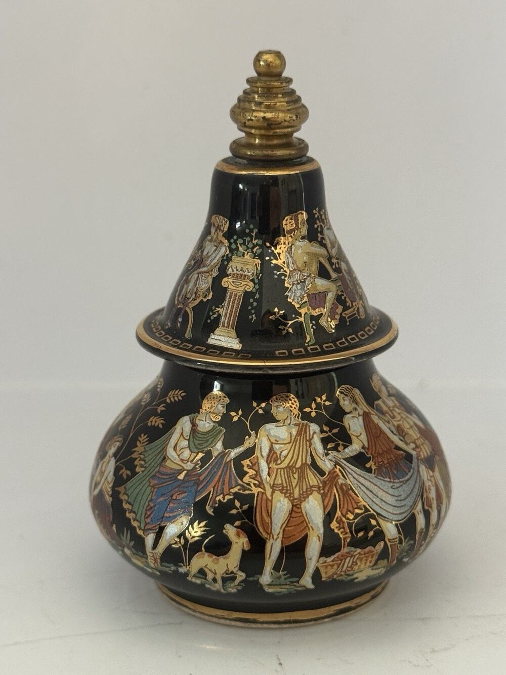 Vintage Greek Ceramic Fragrance Oil Balm Pot Classical Figure Motif Display 3”